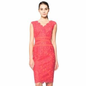 Tadashi Shoji 16 Embroidered Lace V-Neck Dress Red-Orange Cantaloupe NWT